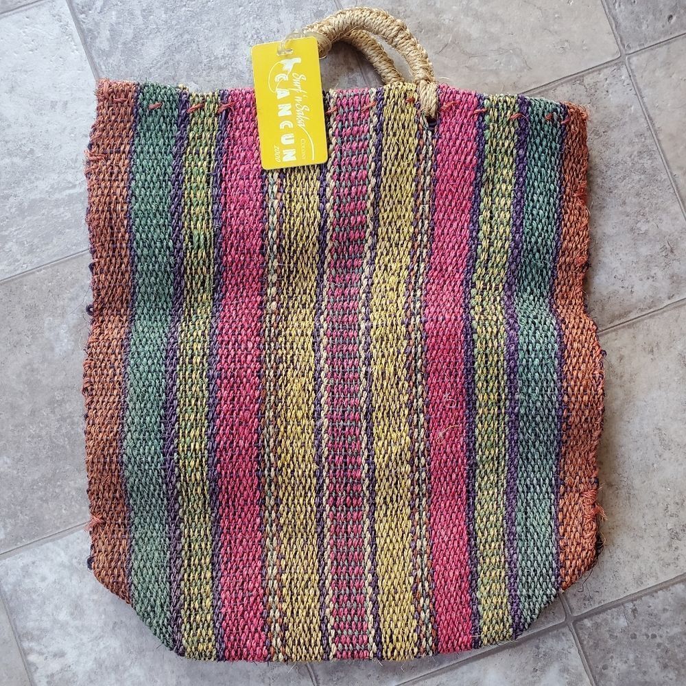 Colorful Striped Jute Tote Bag